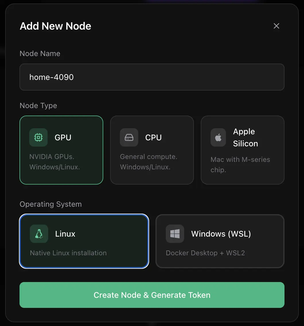 Add Node dialog with a name field and Linux or Windows WSL operating system options